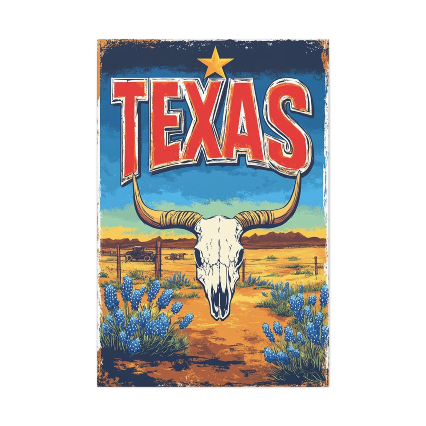 Landscape And Bull Skull Texas Poster Wall Art & Canvas Prints