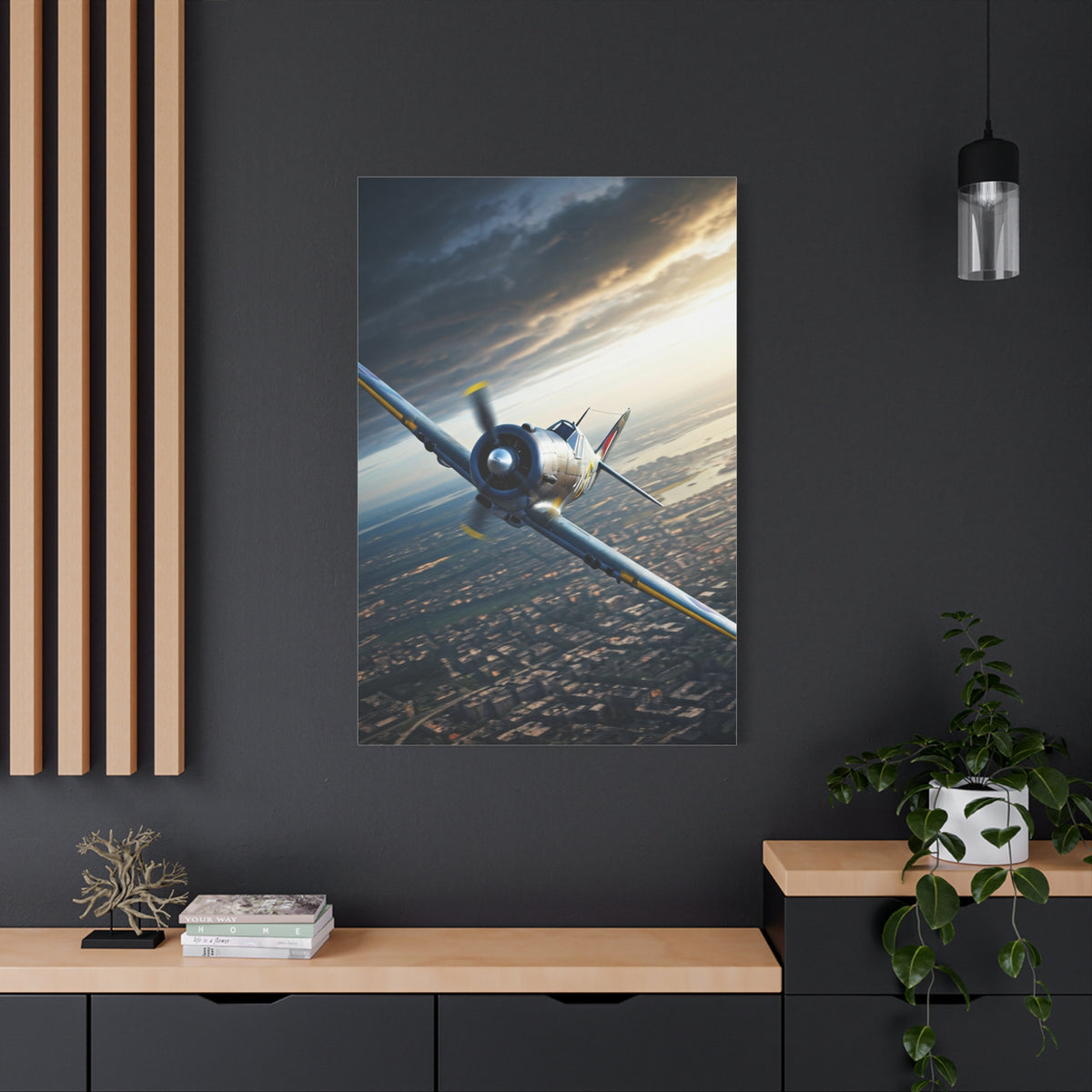 Vintage Fighter Dive Over the City Wall Art & Canvas Prints