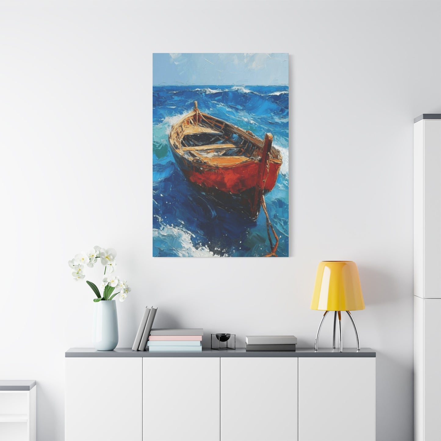 A Red Boat In The Ocean Wall Art & Canvas Prints