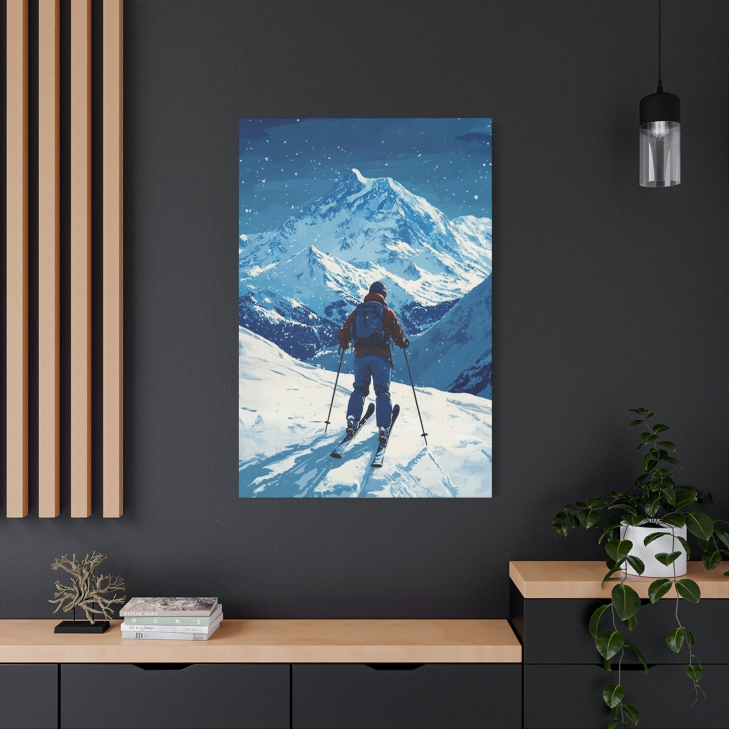 Skiing On A Snowy Mountain At Night Wall Art & Canvas Prints