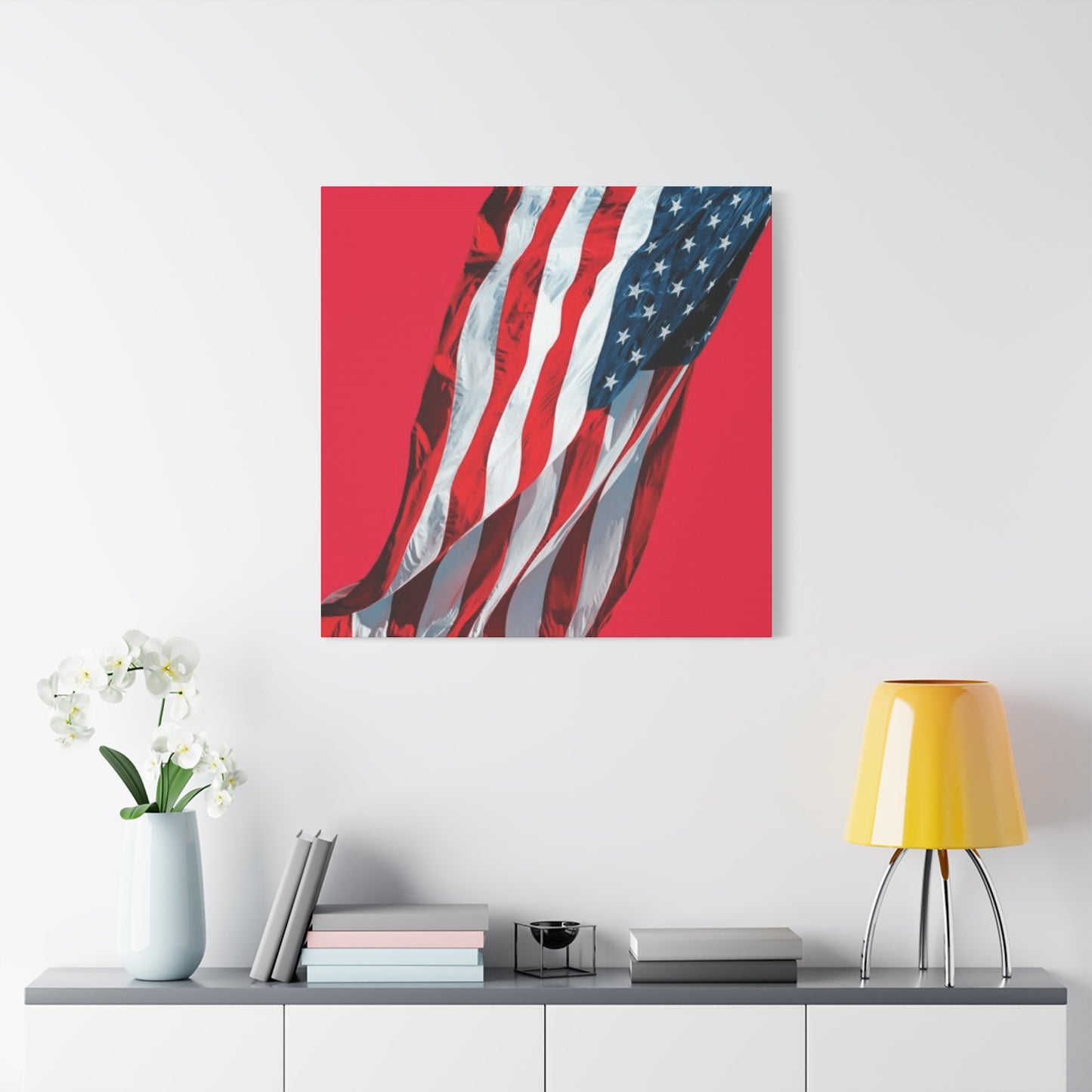 American Flag in Red Background Wall Art & Canvas Prints