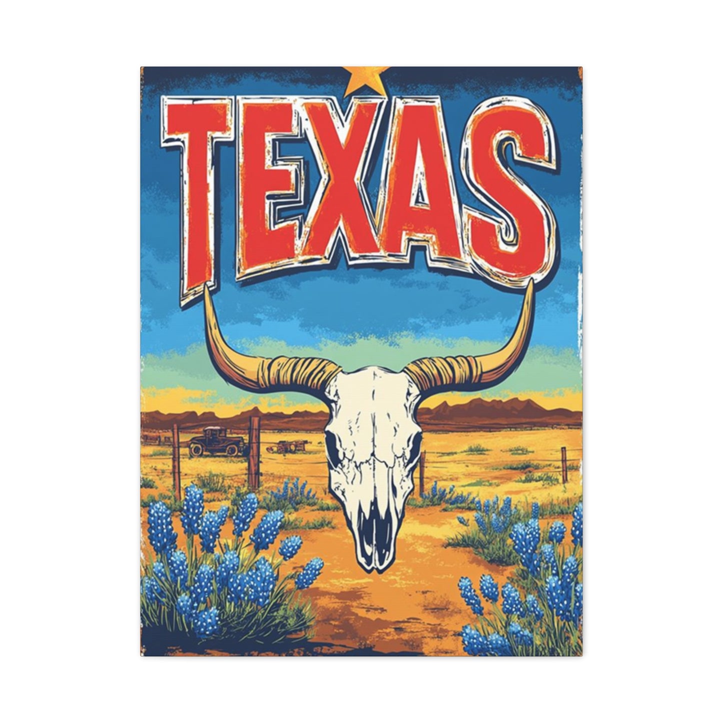 Landscape And Bull Skull Texas Poster Wall Art & Canvas Prints