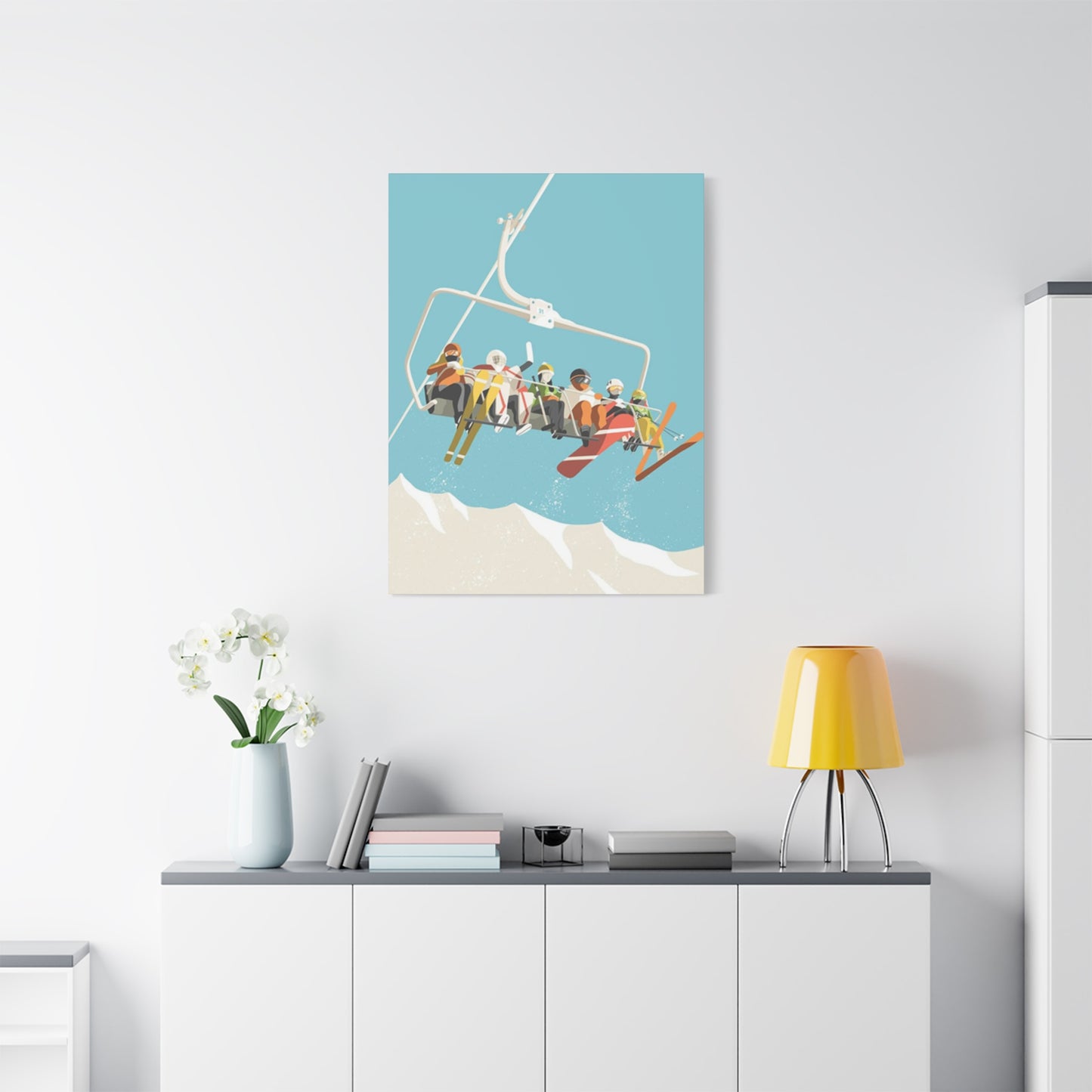 Five Skiers On Gondola Wall Art & Canvas Prints
