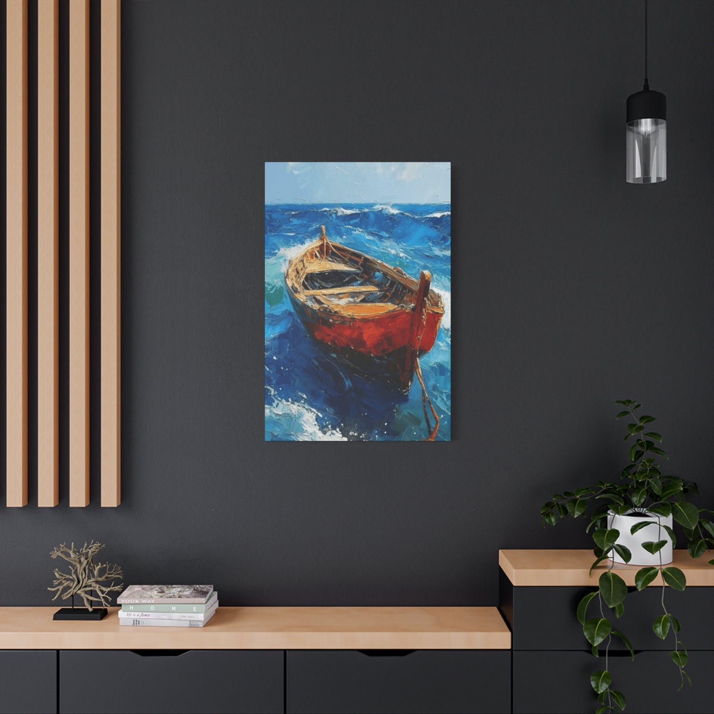 A Red Boat In The Ocean Wall Art & Canvas Prints