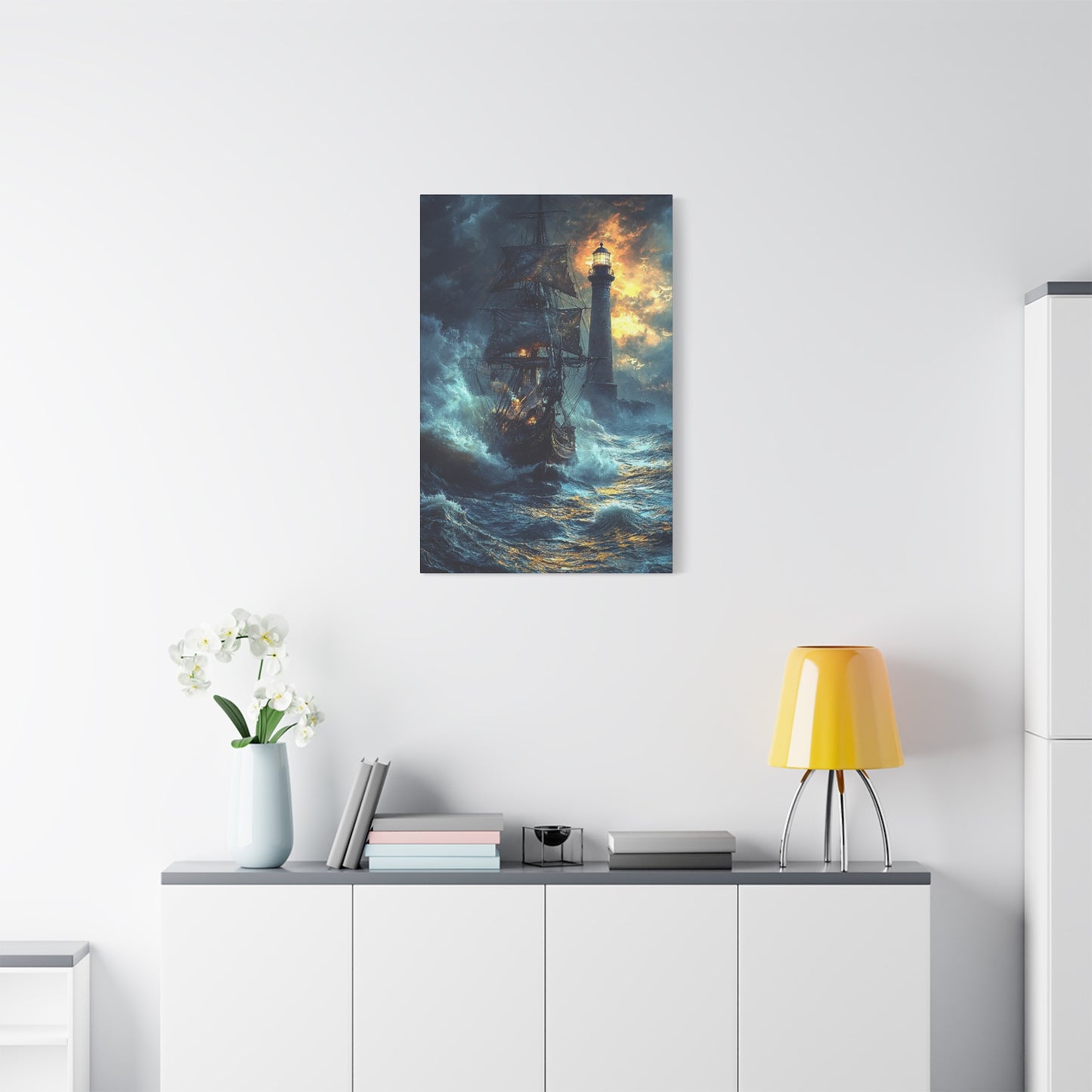 Lighthouse & Ship Sailing In Sea At Night Wall Art & Canvas Prints