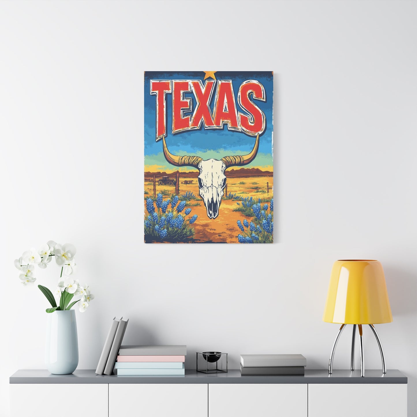 Landscape And Bull Skull Texas Poster Wall Art & Canvas Prints