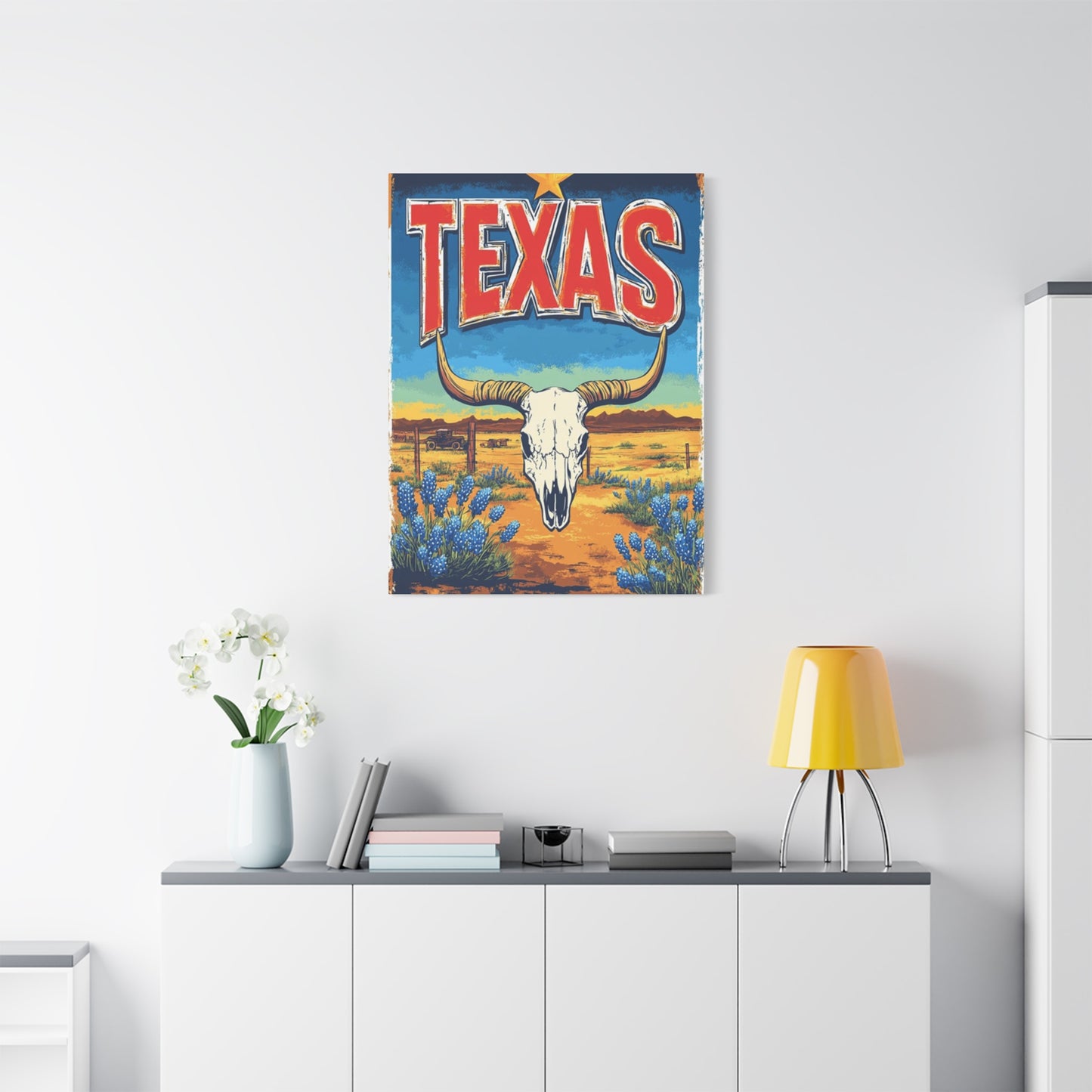 Landscape And Bull Skull Texas Poster Wall Art & Canvas Prints