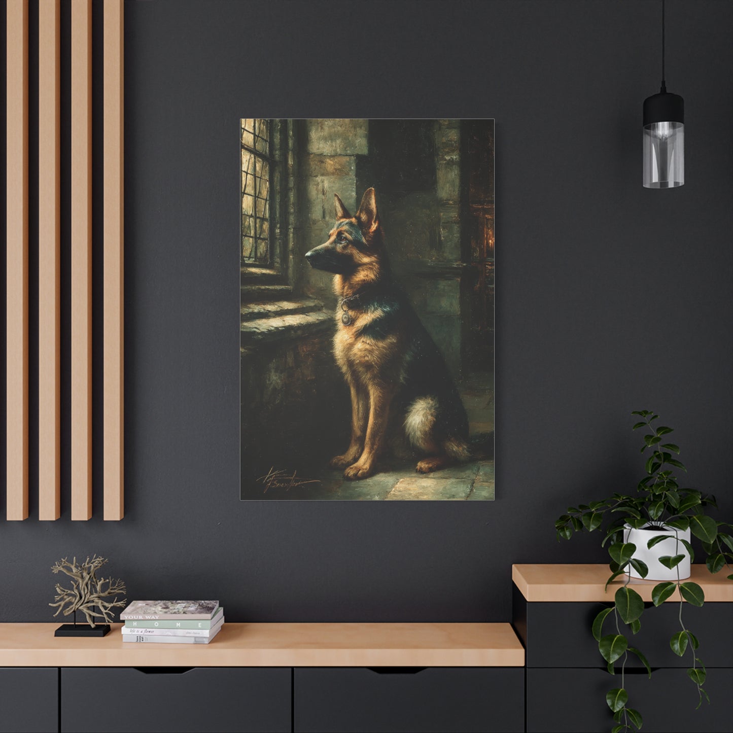 German Shepherd by Window Wall Art & Canvas Print