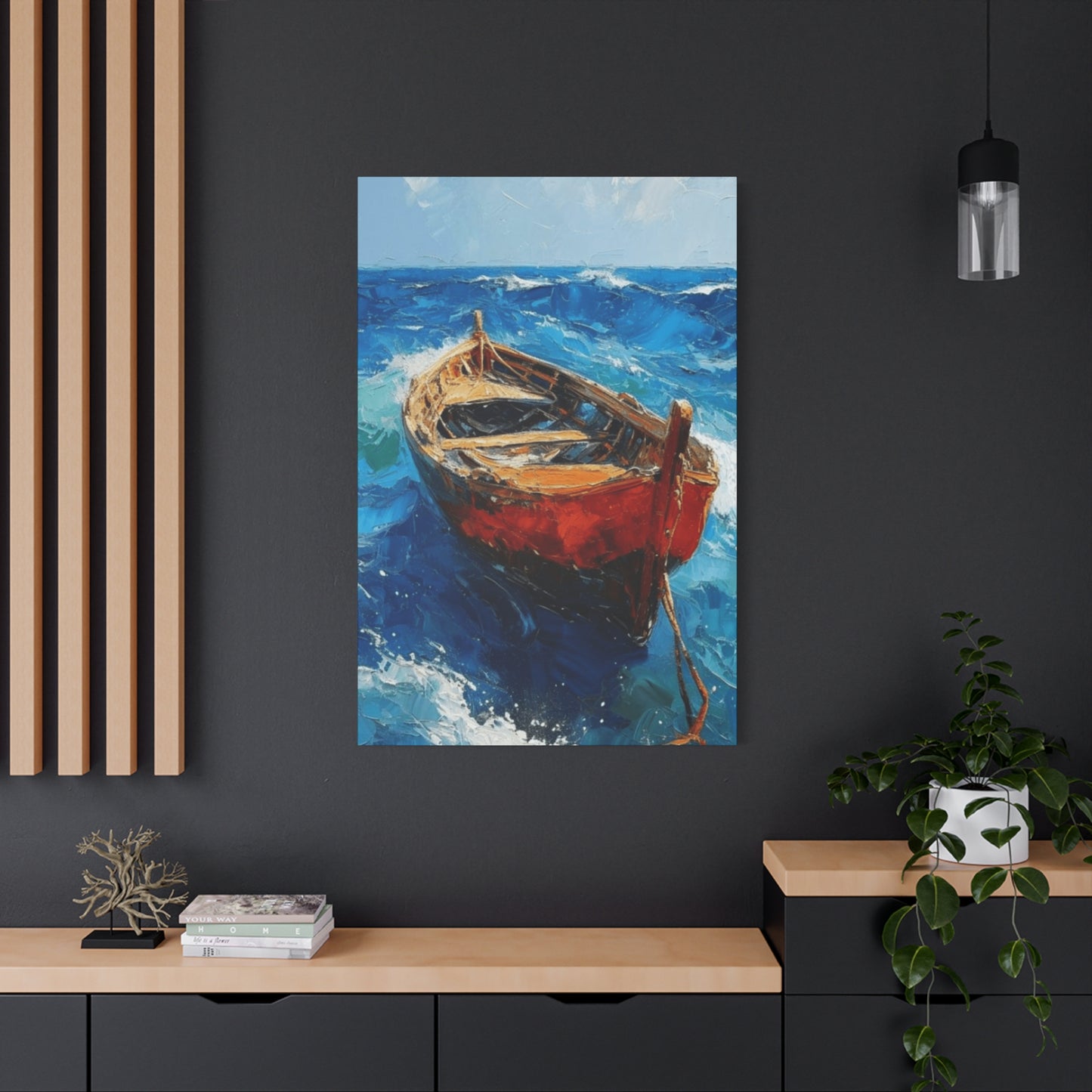 A Red Boat In The Ocean Wall Art & Canvas Prints