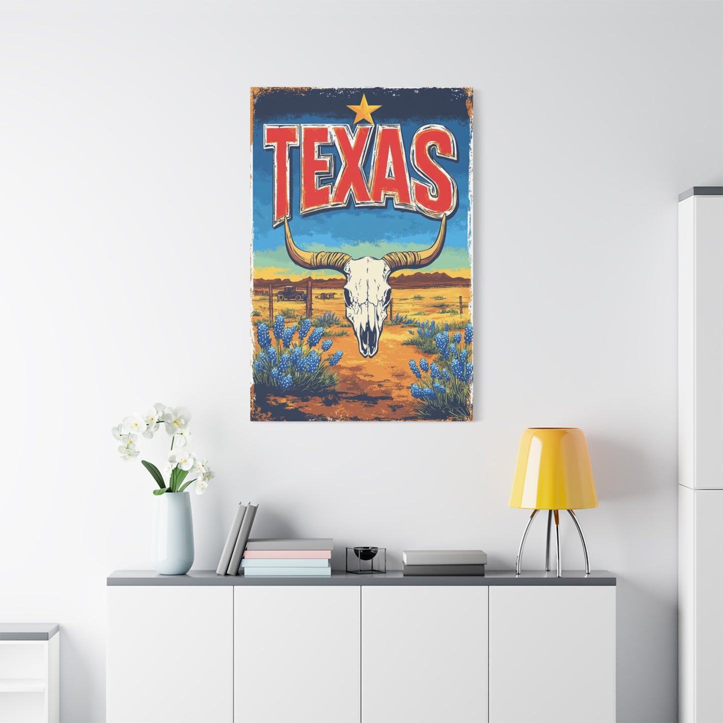 Landscape And Bull Skull Texas Poster Wall Art & Canvas Prints