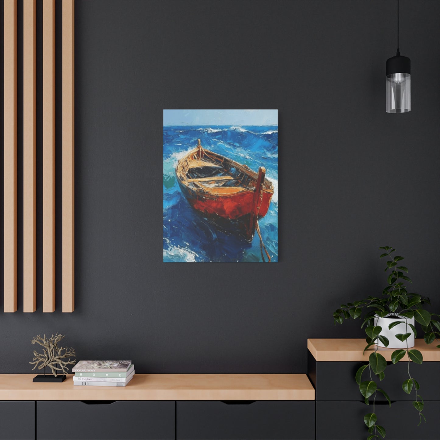 A Red Boat In The Ocean Wall Art & Canvas Prints