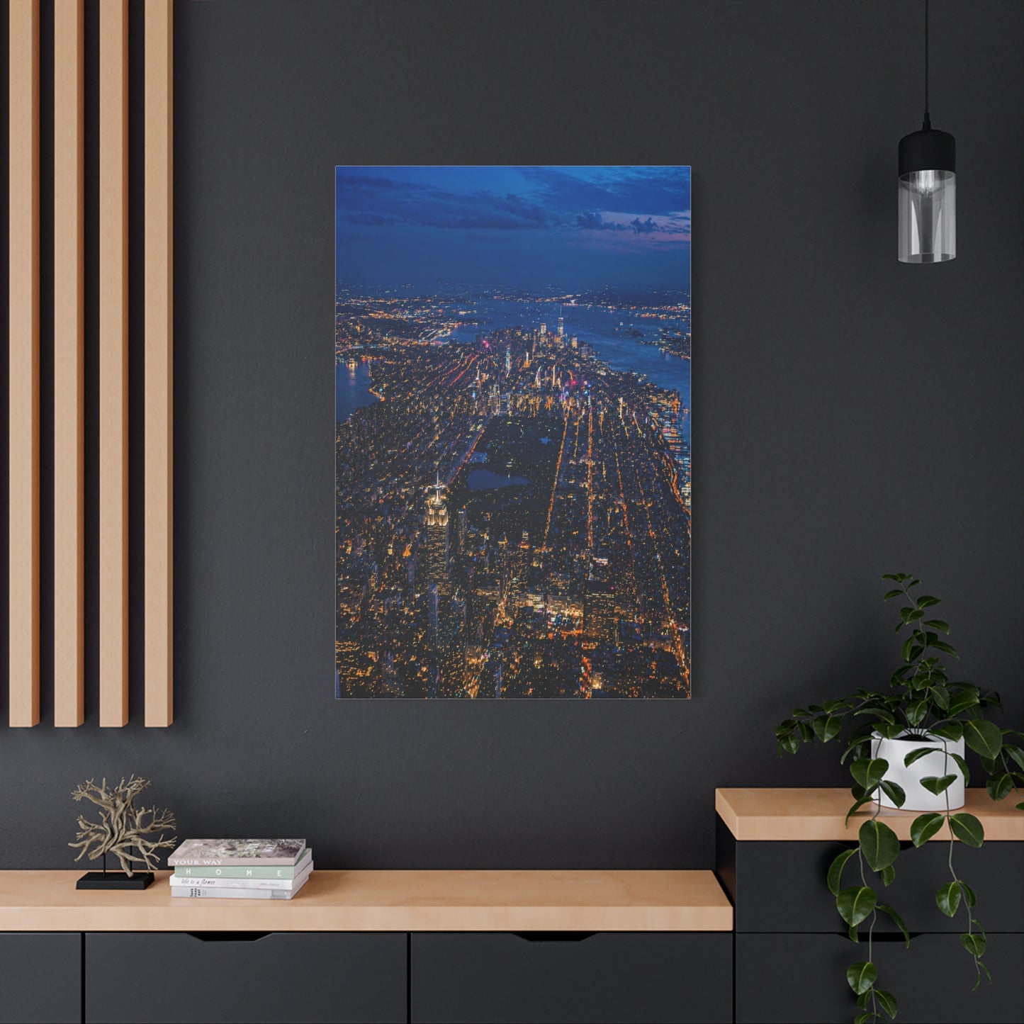 Aerial Manhattan Night Grid Wall Art & Canvas Print