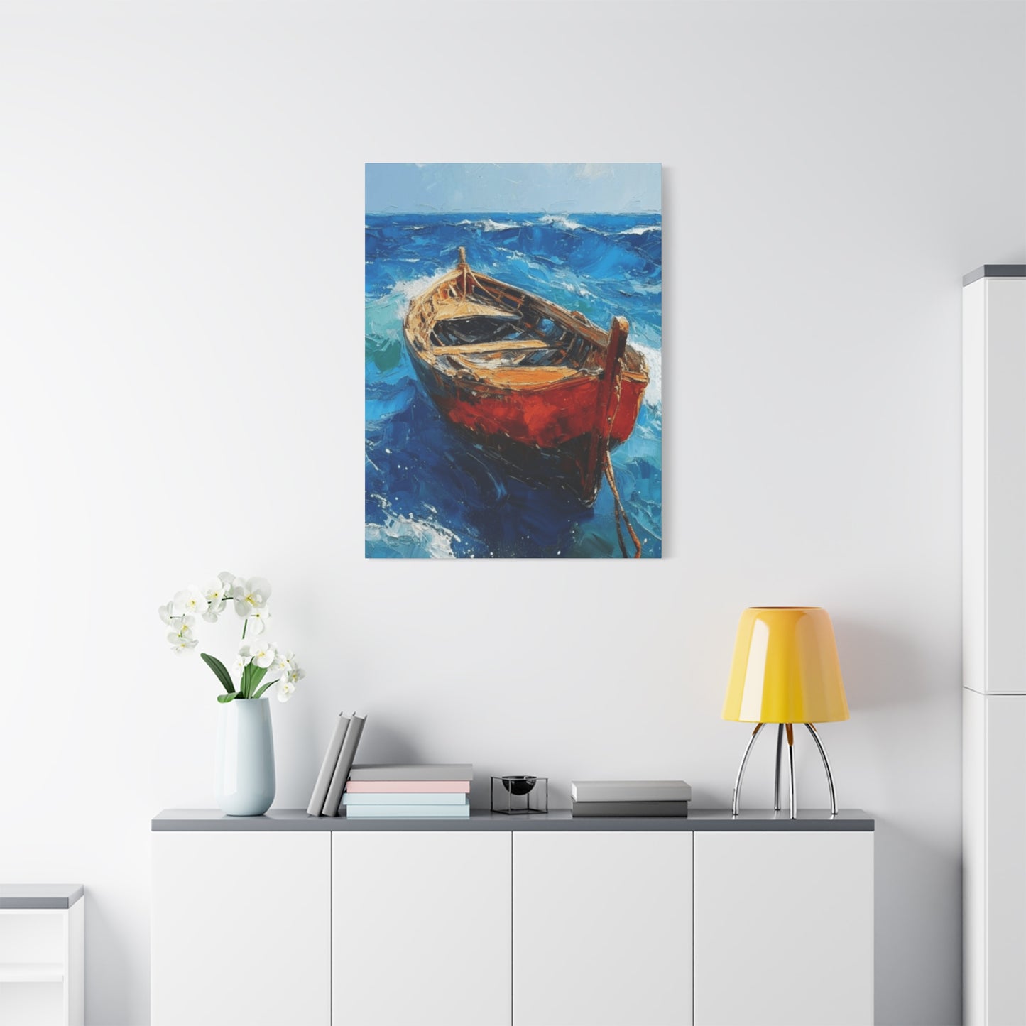 A Red Boat In The Ocean Wall Art & Canvas Prints