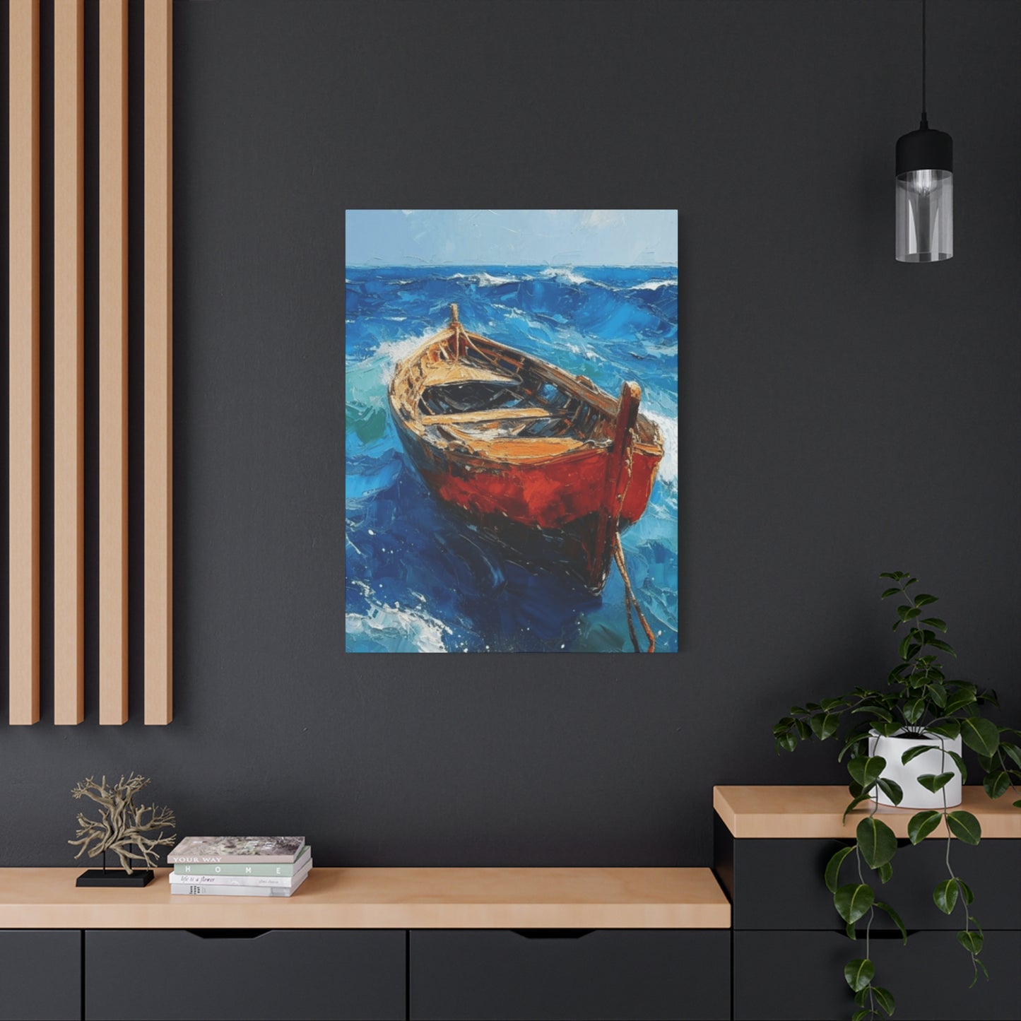 A Red Boat In The Ocean Wall Art & Canvas Prints