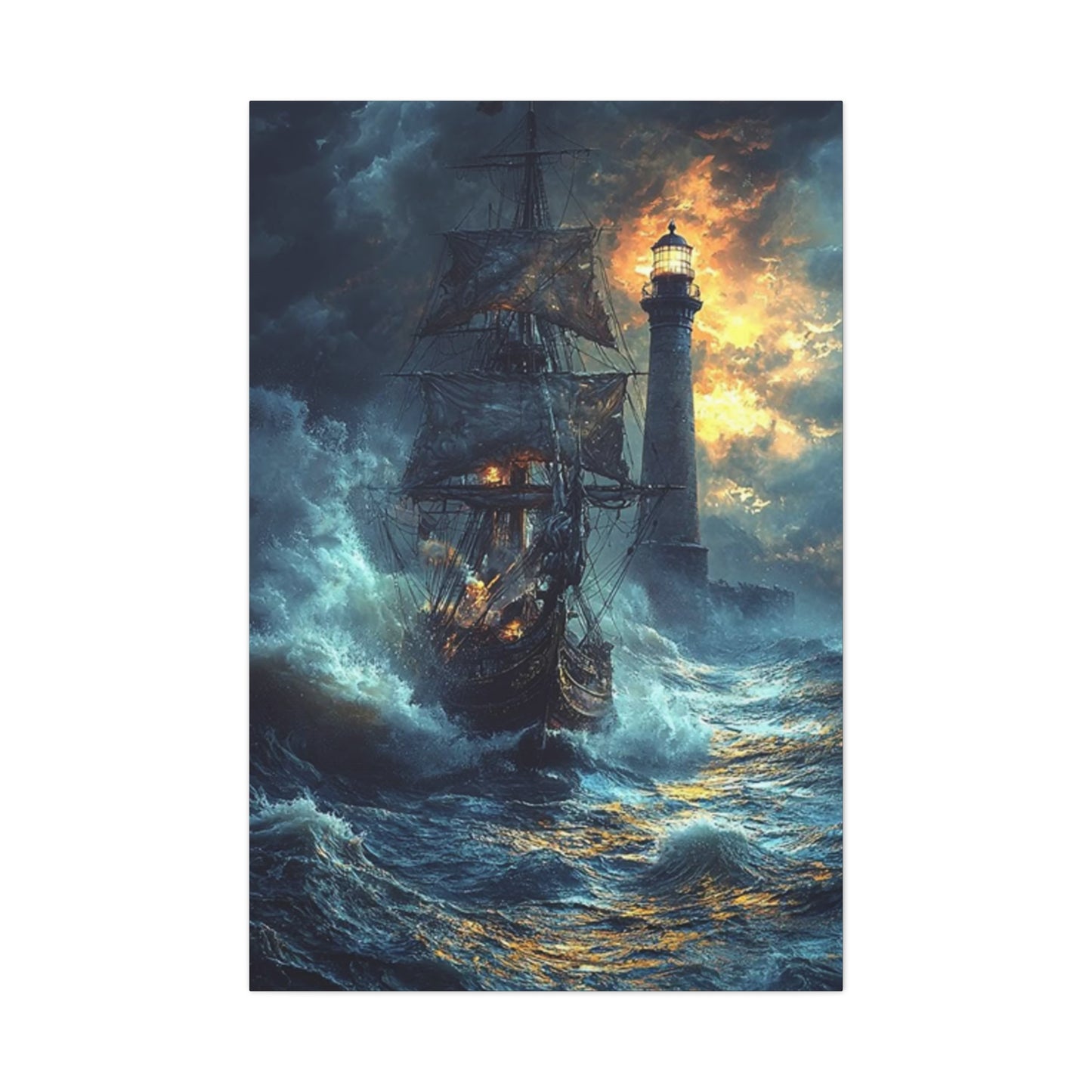 Lighthouse & Ship Sailing In Sea At Night Wall Art & Canvas Prints