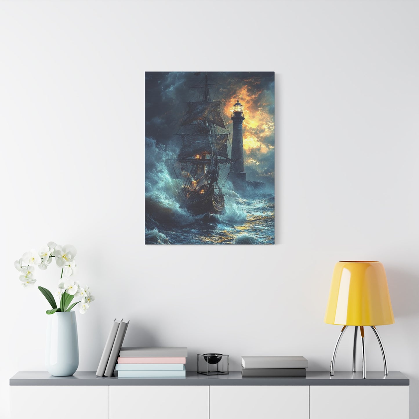 Lighthouse & Ship Sailing In Sea At Night Wall Art & Canvas Prints