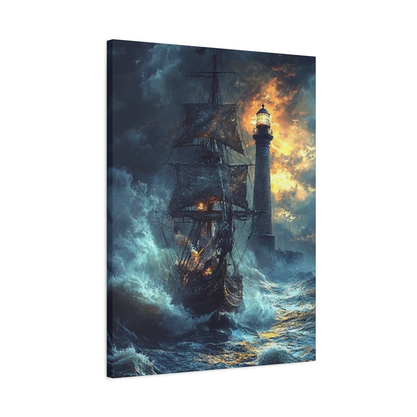 Lighthouse & Ship Sailing In Sea At Night Wall Art & Canvas Prints