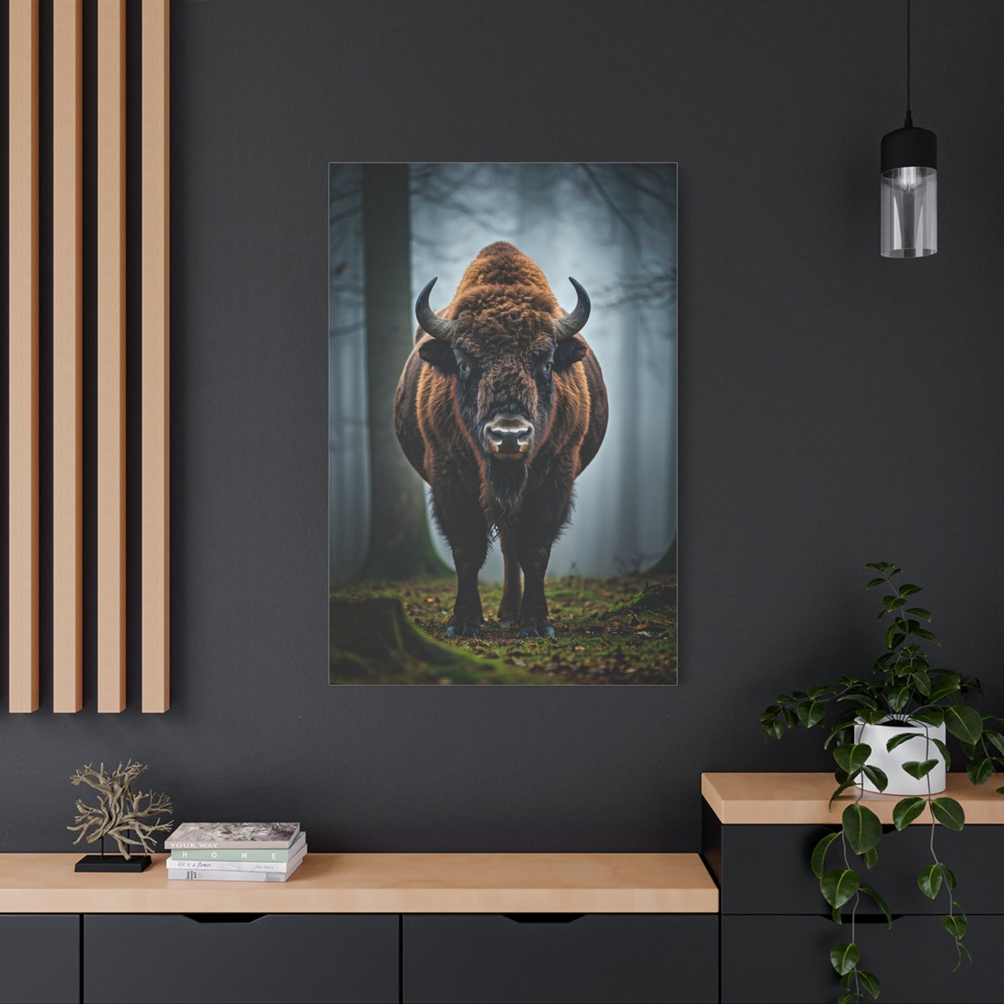 Bison Emerging from Forest Mist Wall Art & Canvas Print