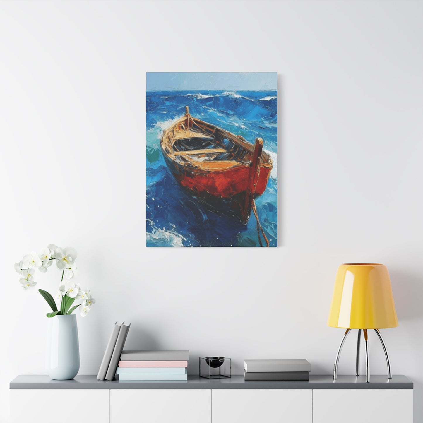 A Red Boat In The Ocean Wall Art & Canvas Prints