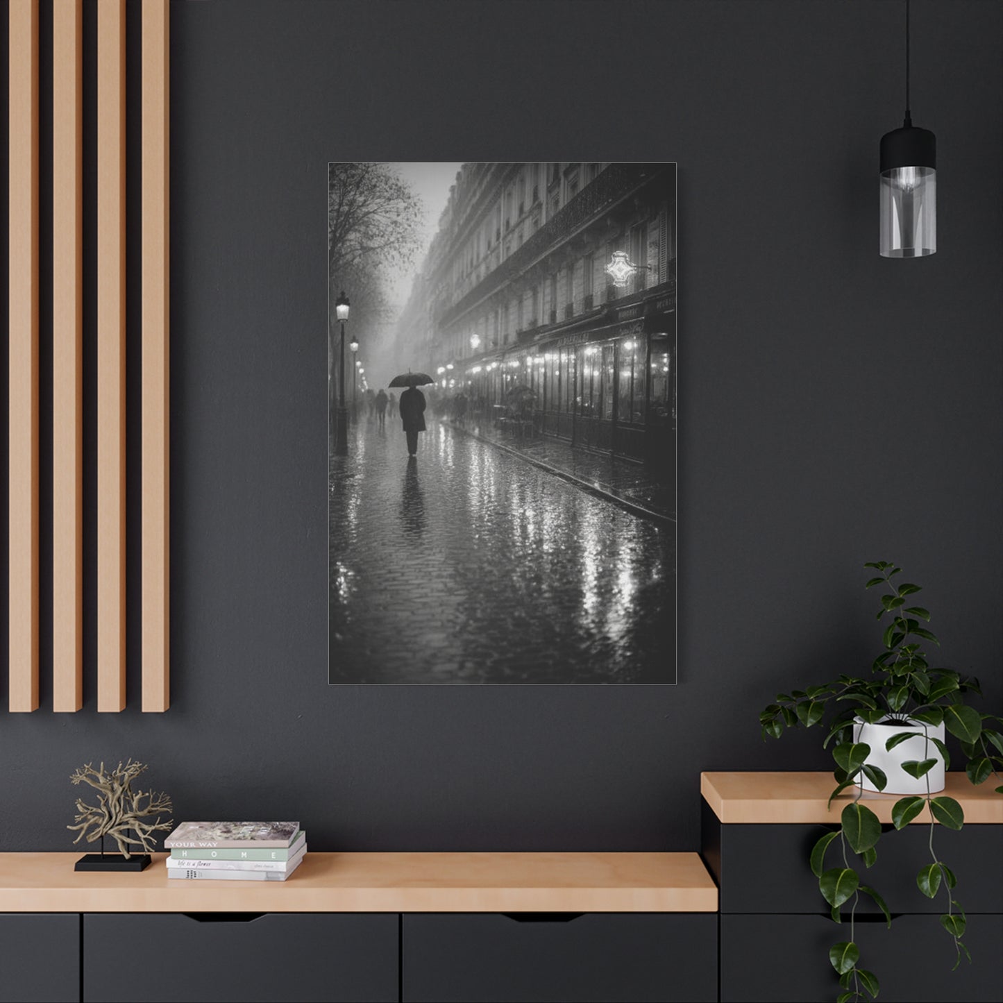 Rainy Paris Street Monochrome Wall Art & Canvas Print