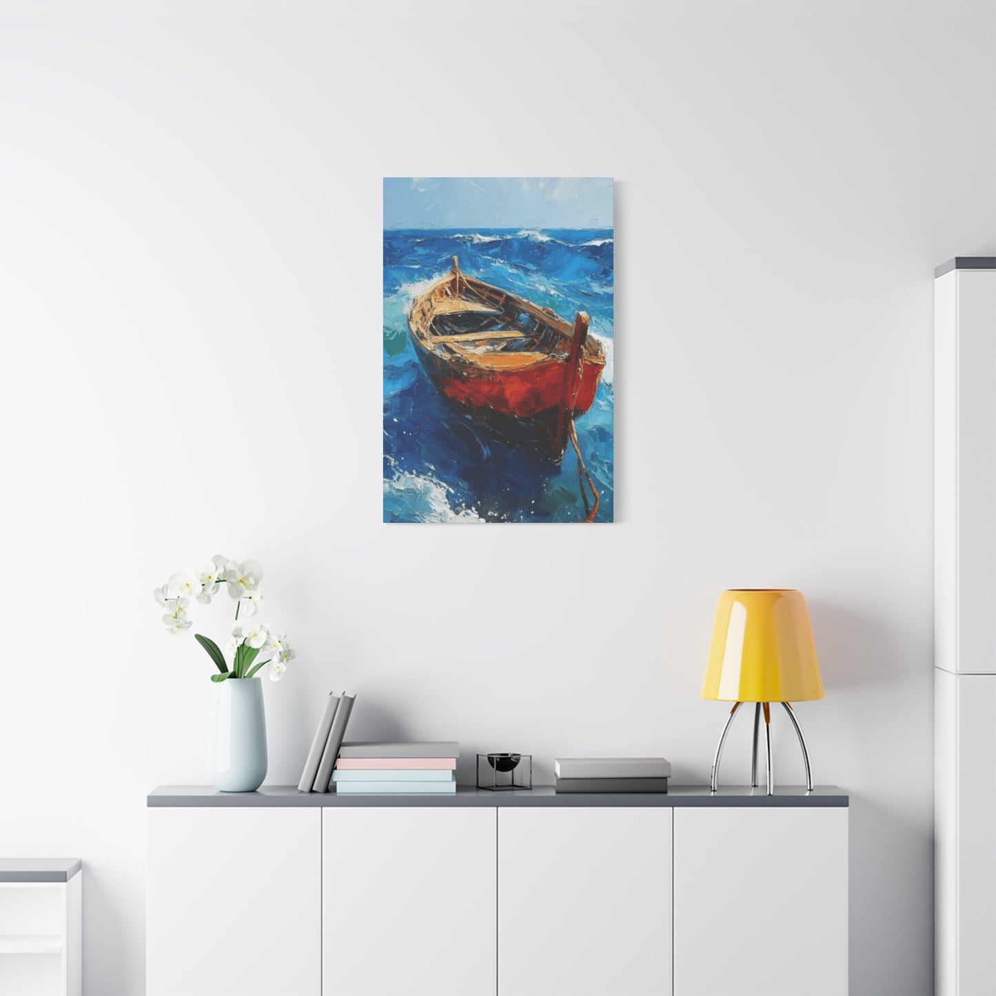 A Red Boat In The Ocean Wall Art & Canvas Prints