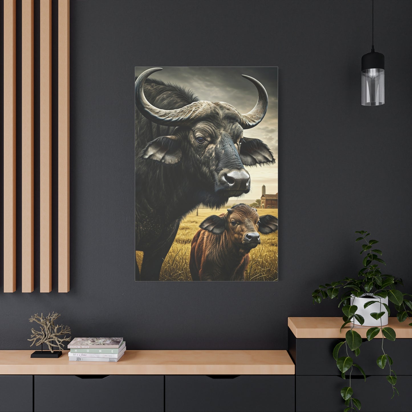 Cape Buffalo Herd Leader with Savannah Background Wall Art & Canvas Print