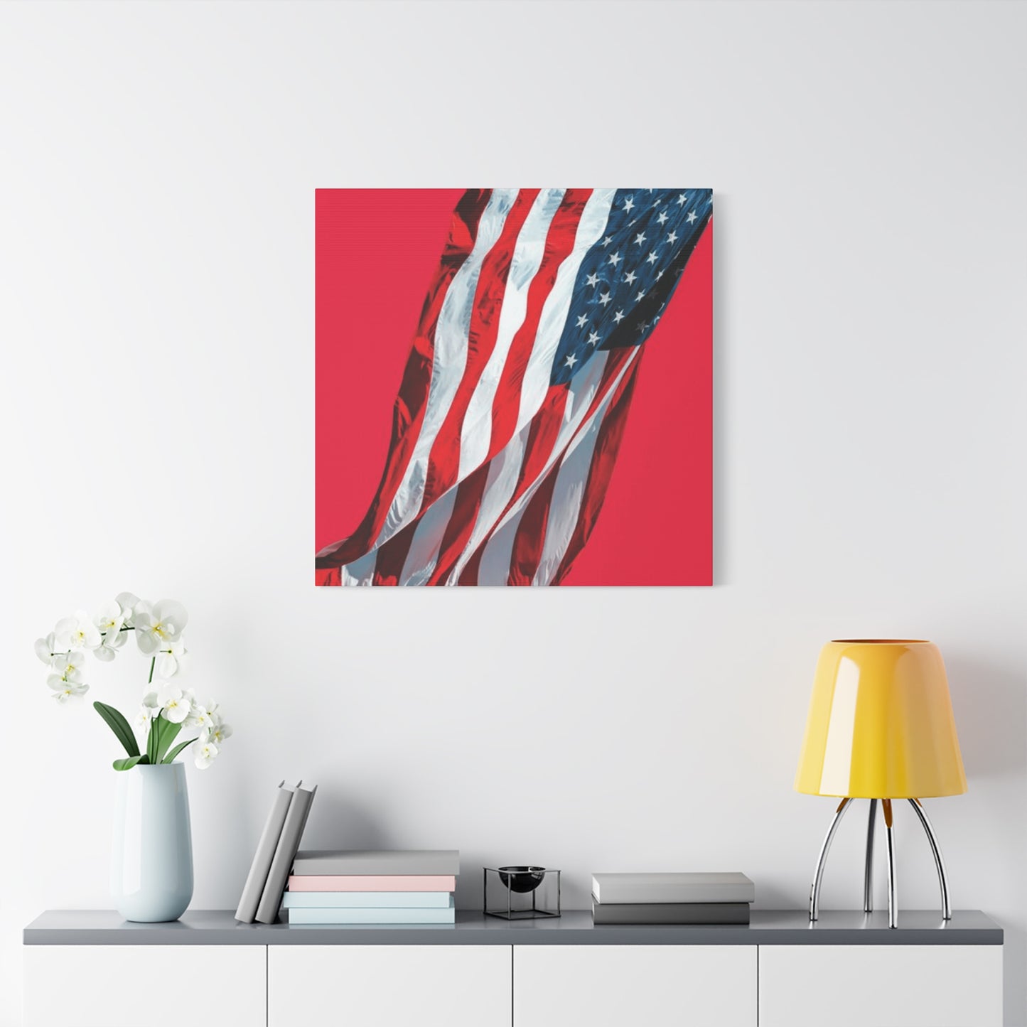 American Flag in Red Background Wall Art & Canvas Prints