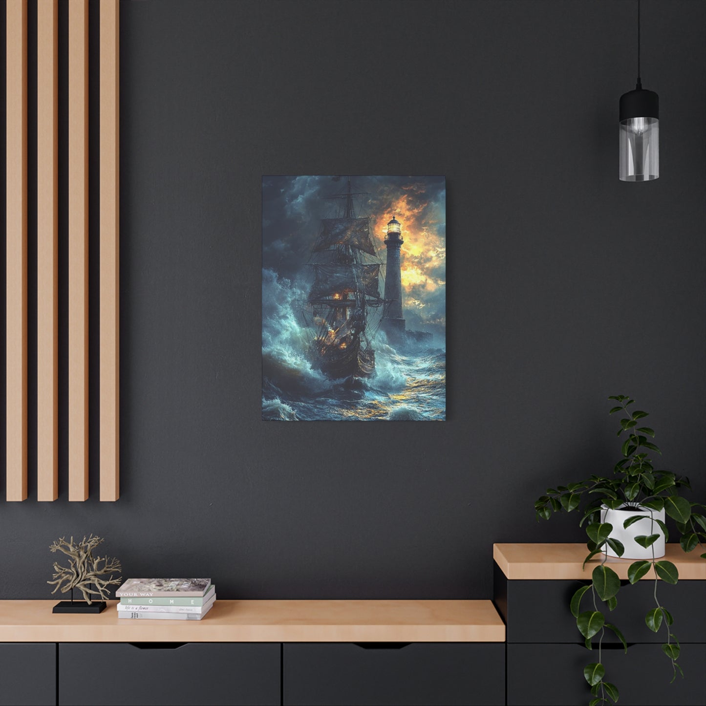 Lighthouse & Ship Sailing In Sea At Night Wall Art & Canvas Prints