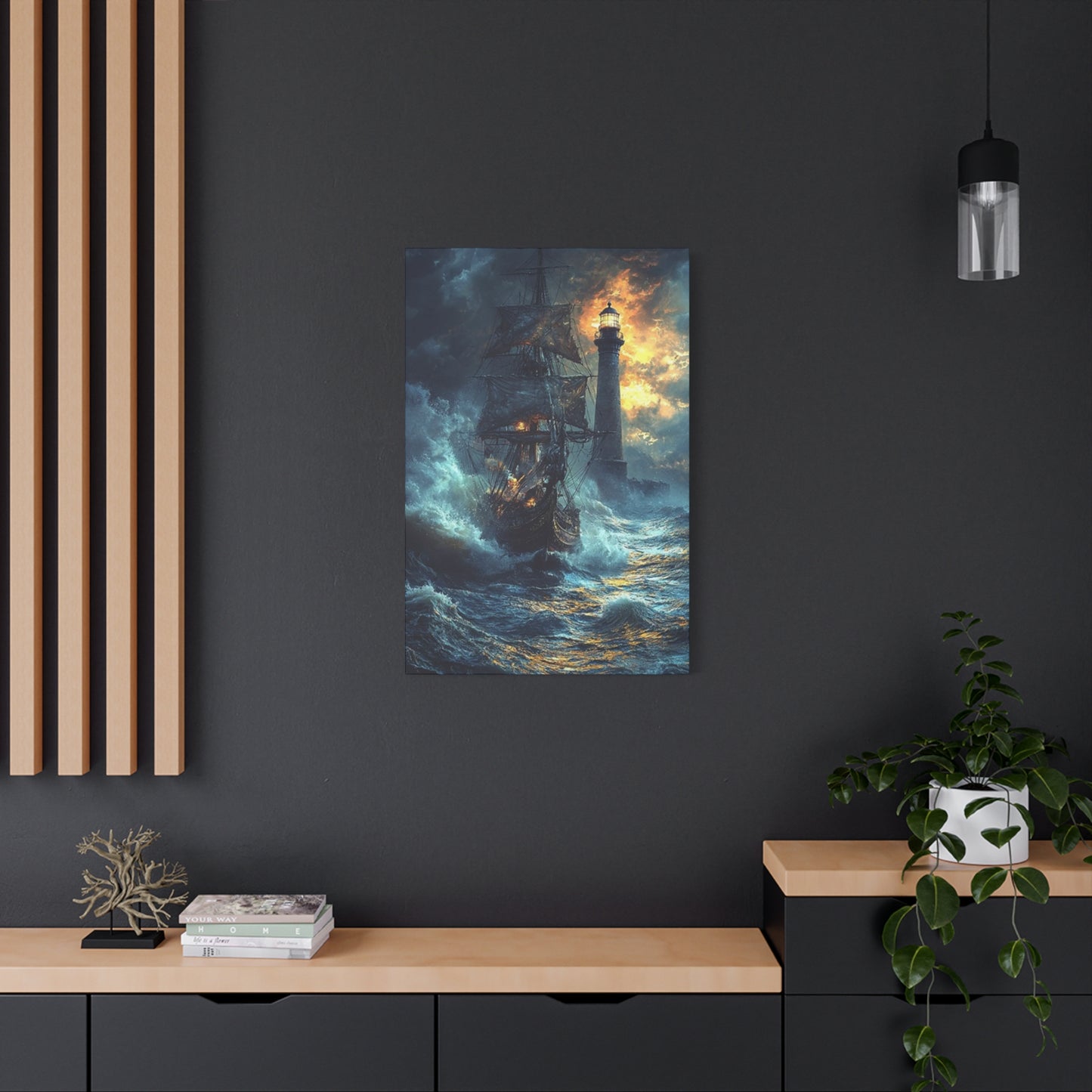 Lighthouse & Ship Sailing In Sea At Night Wall Art & Canvas Prints