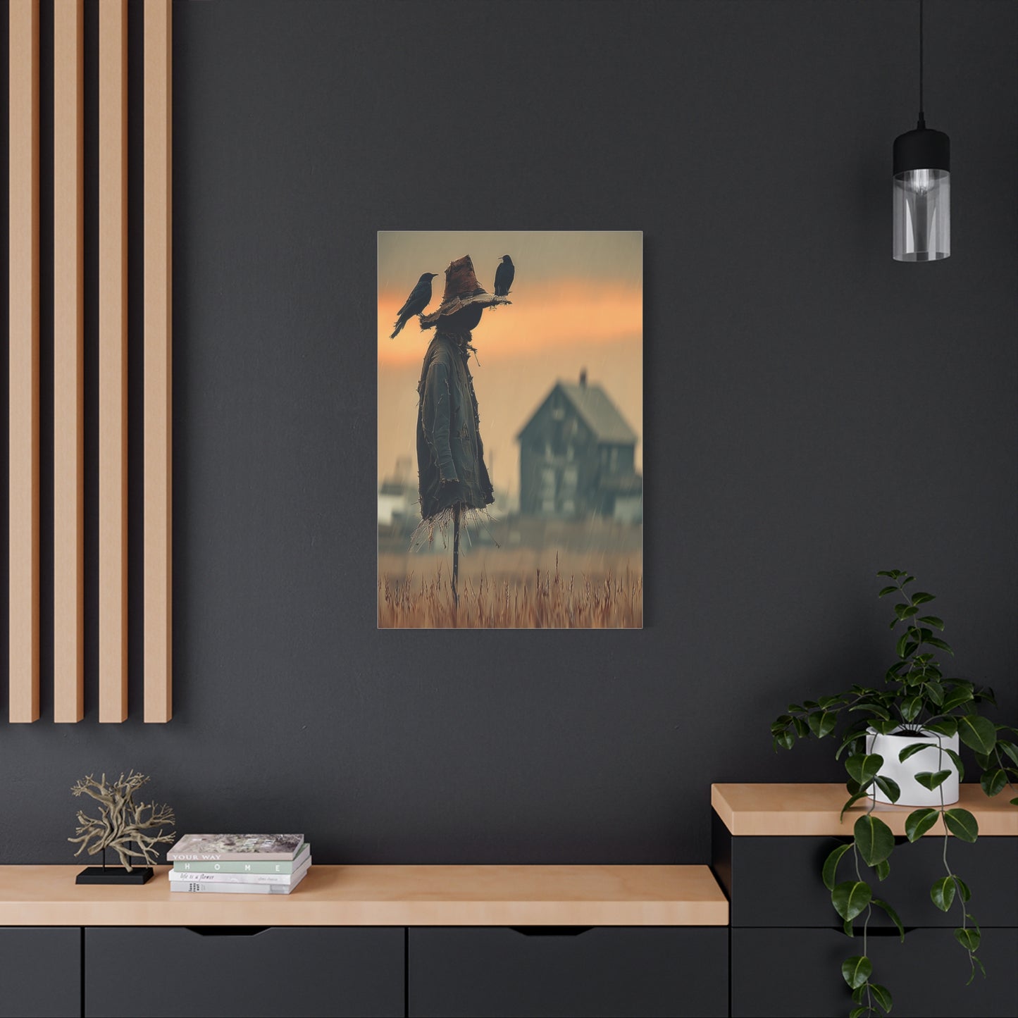 Old Scarecrow in Harvest Field with Crows Wall Art & Canvas Print