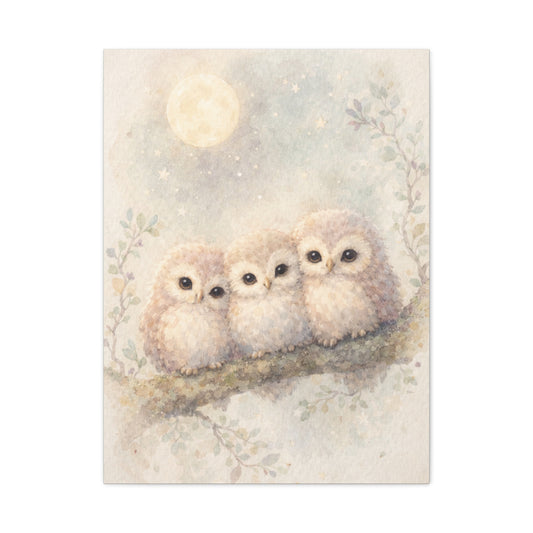 Moonlit Owlet Trio Watercolor Wall Art & Canvas Print