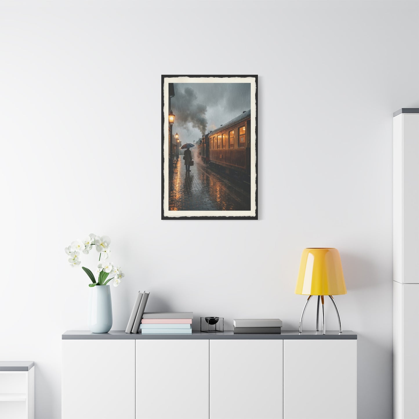 Rainy Train Platform Nostalgia Scene Wall Art & Canvas Print