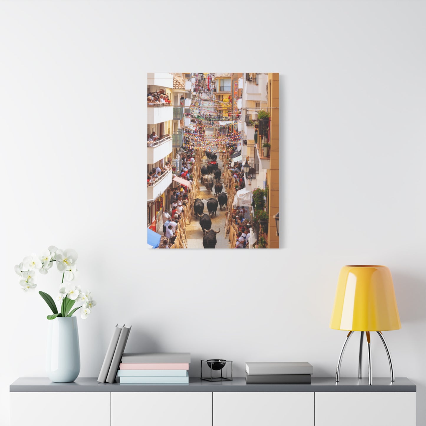 Spanish Village Bull Festival Street Scene Wall Art & Canvas Print