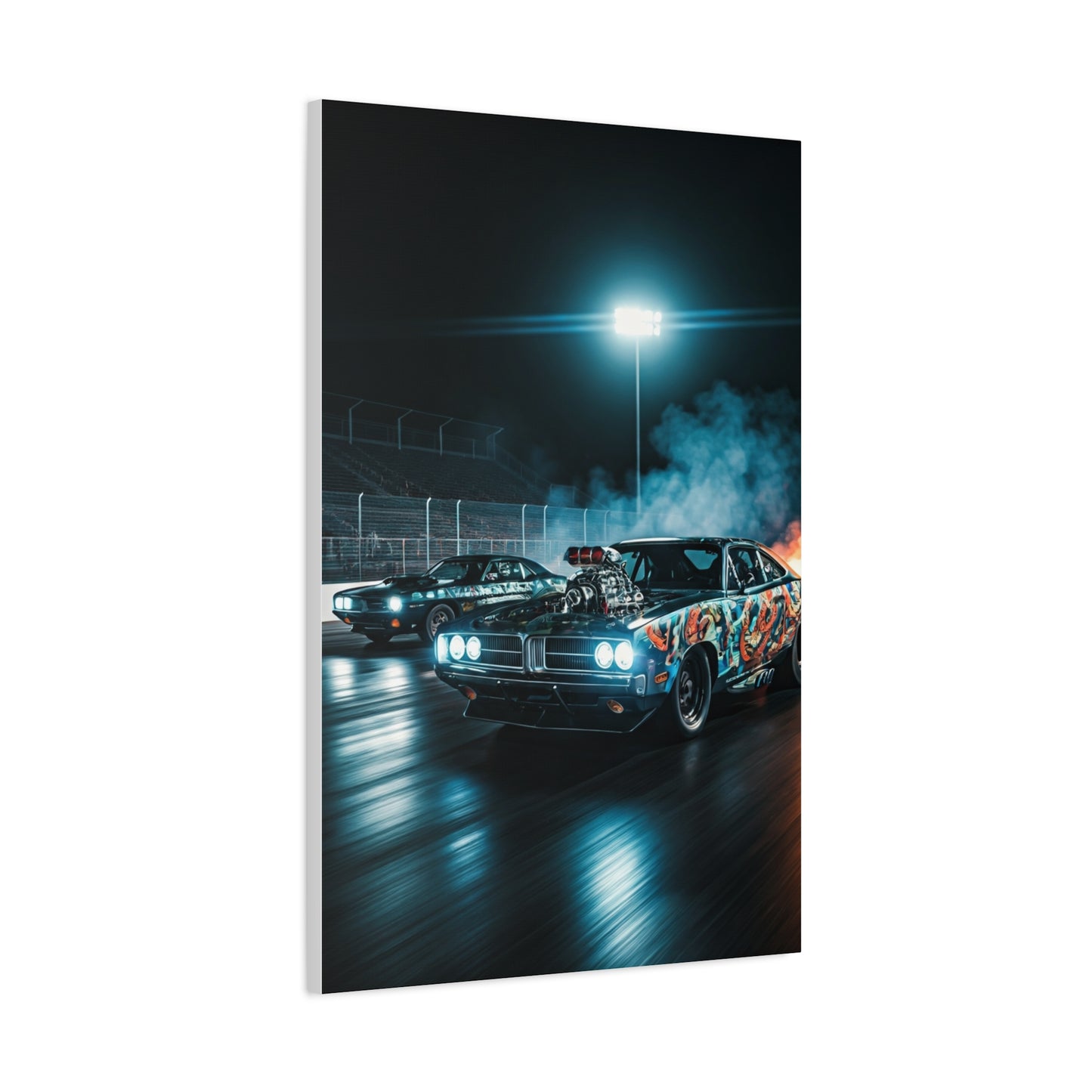 1970 Dodge Charger R/T vs 1970 Plymouth Barracuda Night Drag Duel Wall Art & Canvas Prints