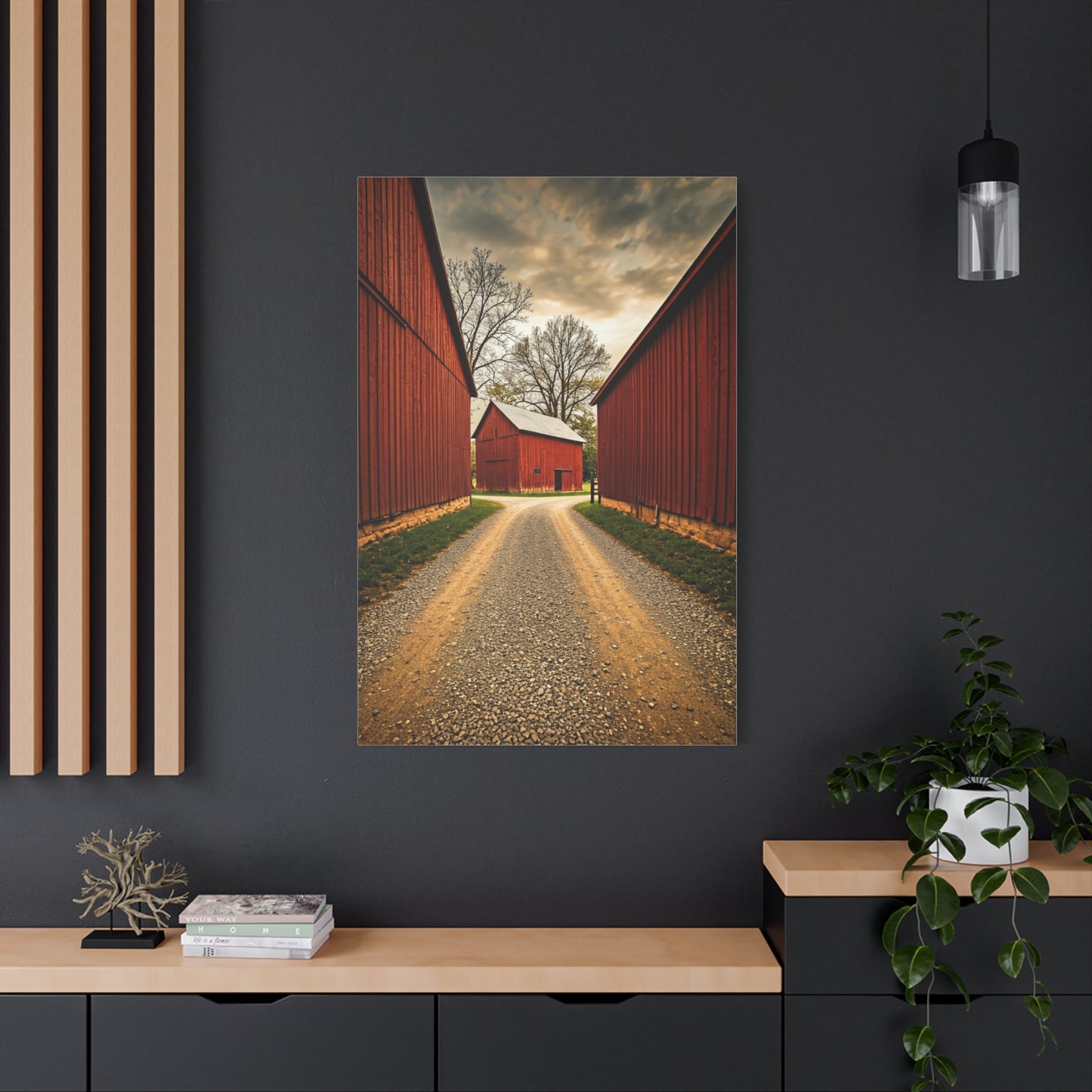 Country Lane Between Red Barns Wall Art & Canvas Prints