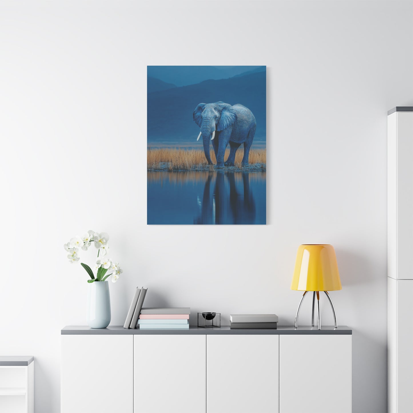 Elephant Blue Hour Reflection Wall Art & Canvas Print