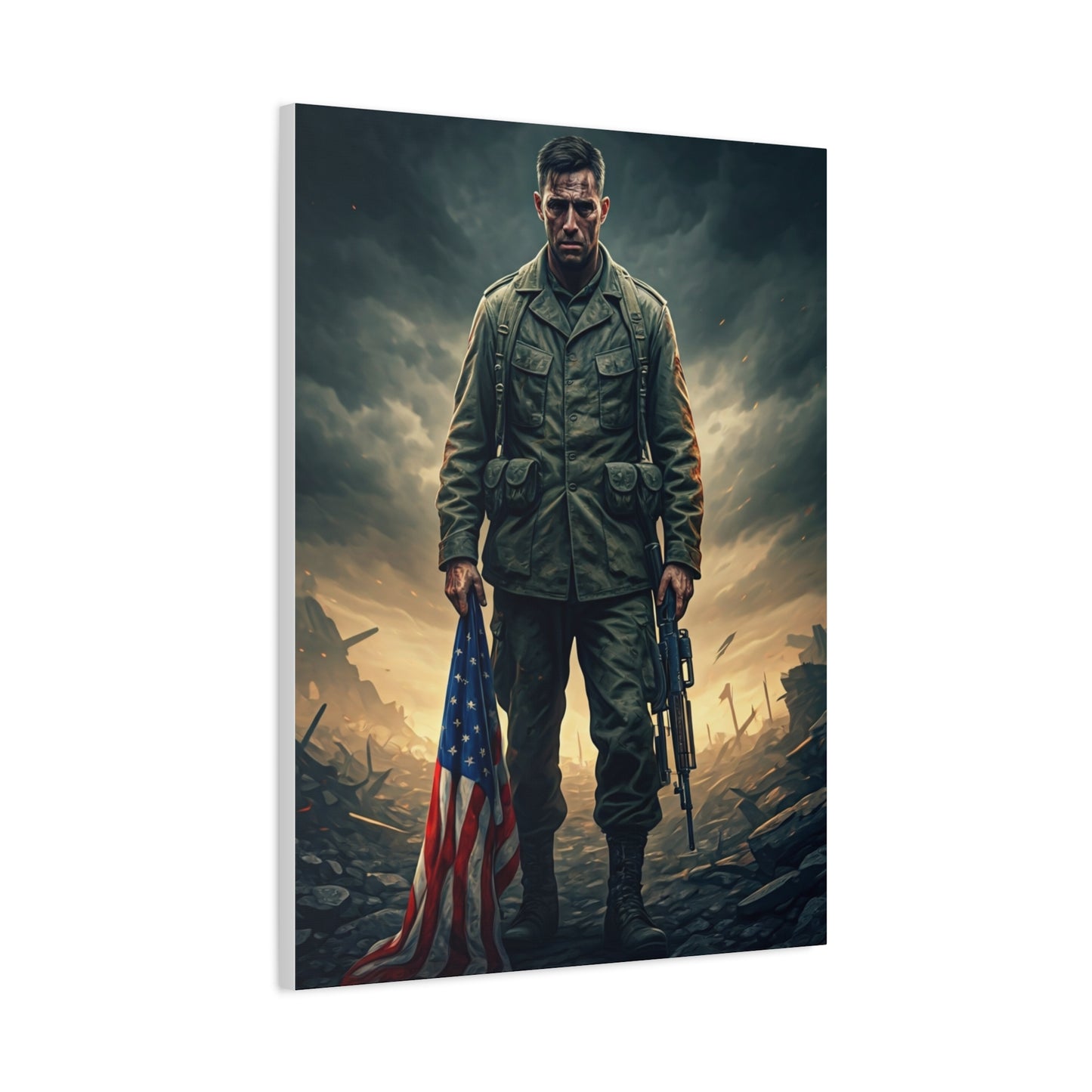 Soldier Standing With Flag of Courage Wall Art & Canvas Prints