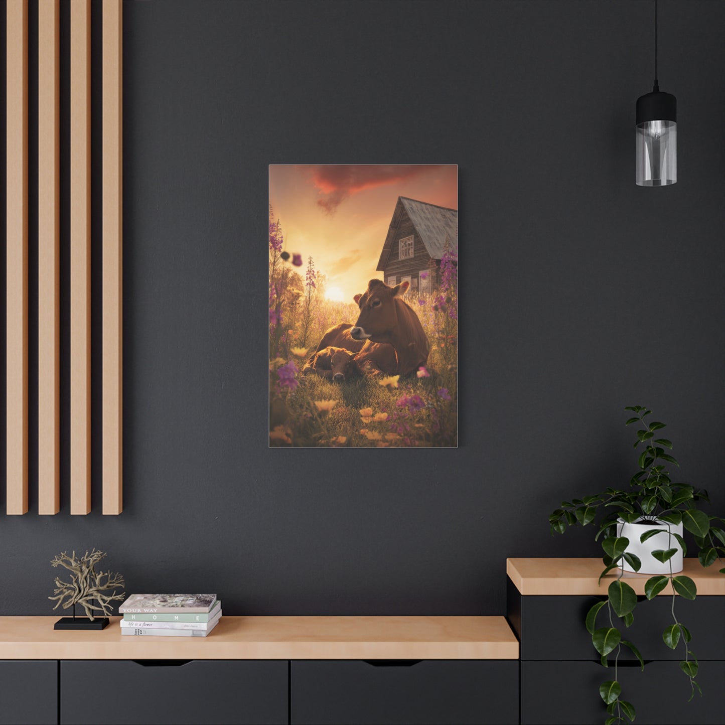Sunset Farm Meadow Cow and Calf Wall Art & Canvas Print