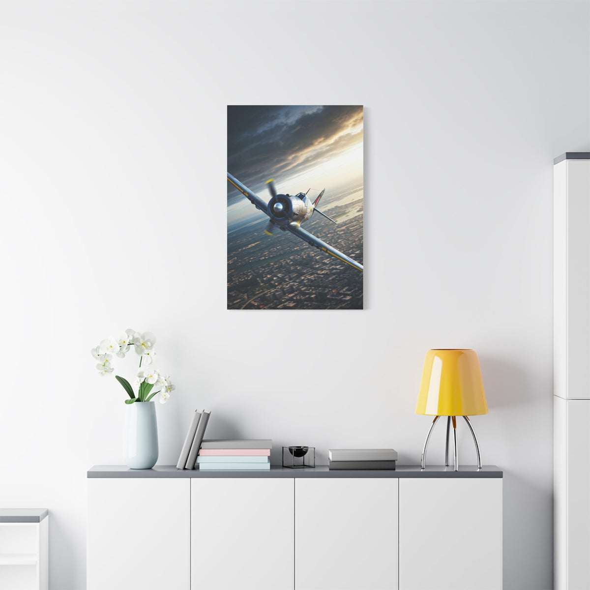 Vintage Fighter Dive Over the City Wall Art & Canvas Prints