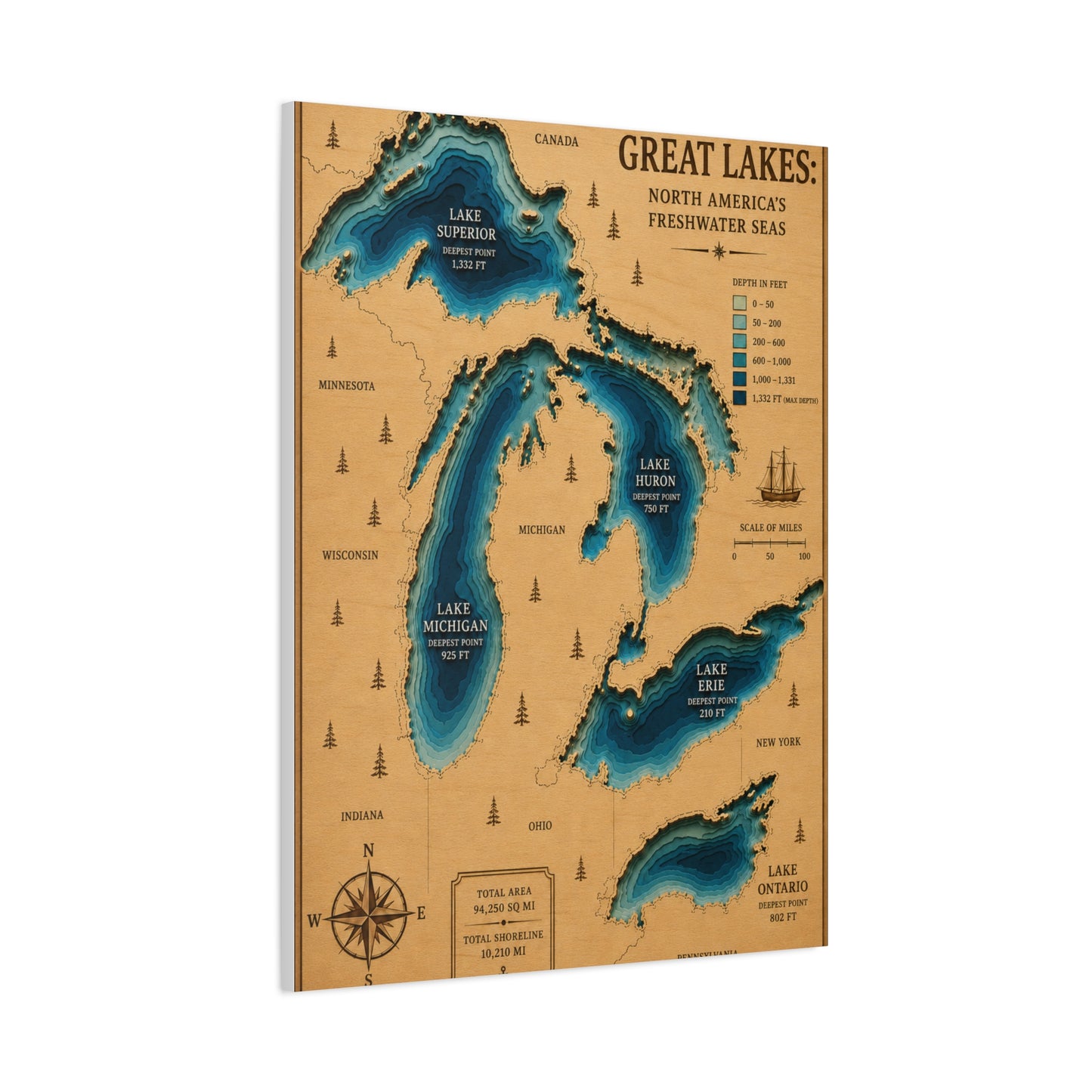 Great Lakes Bathymetric Chart Wall Art & Canvas Print