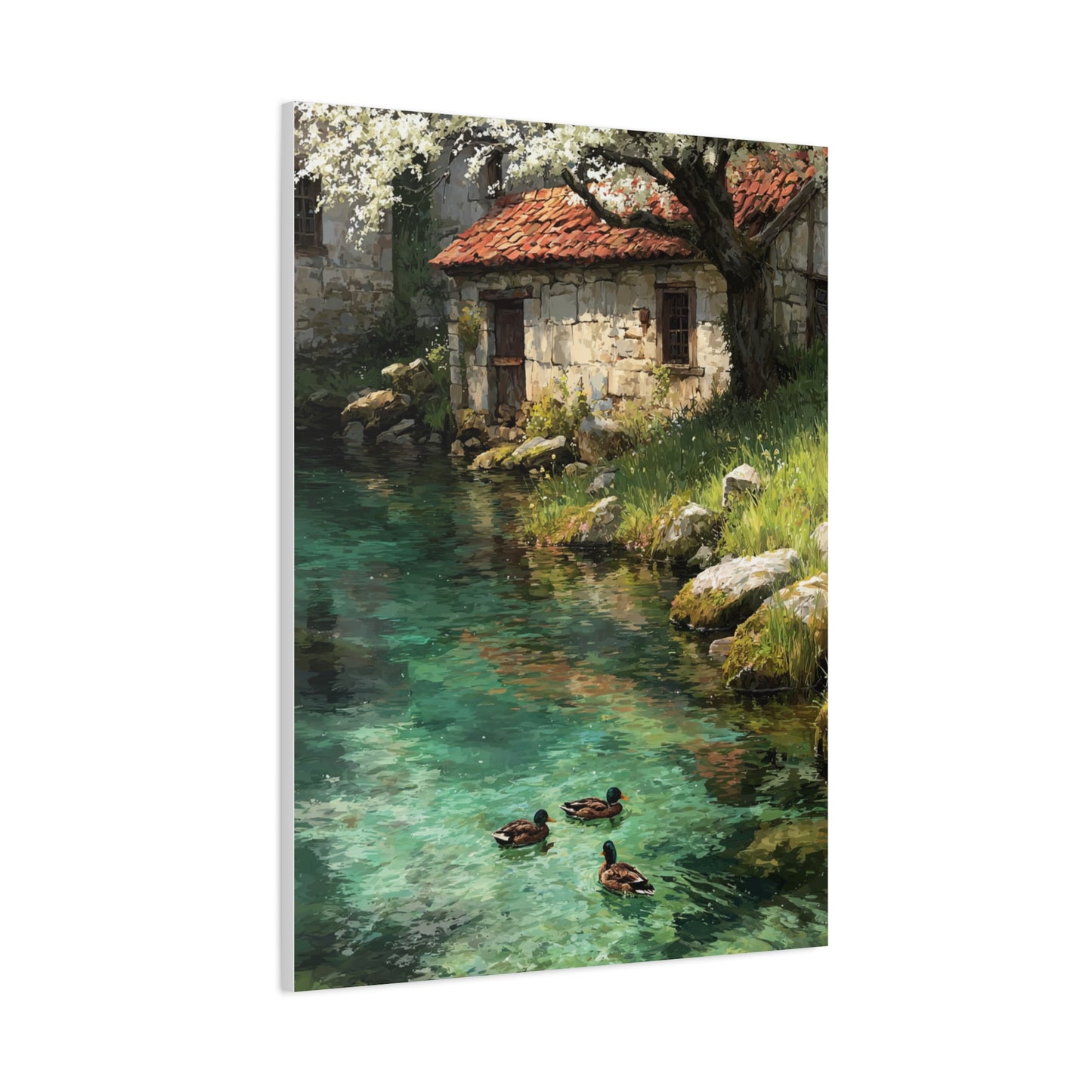 Spring Farmhouse Stream Scene Wall Art & Canvas Print