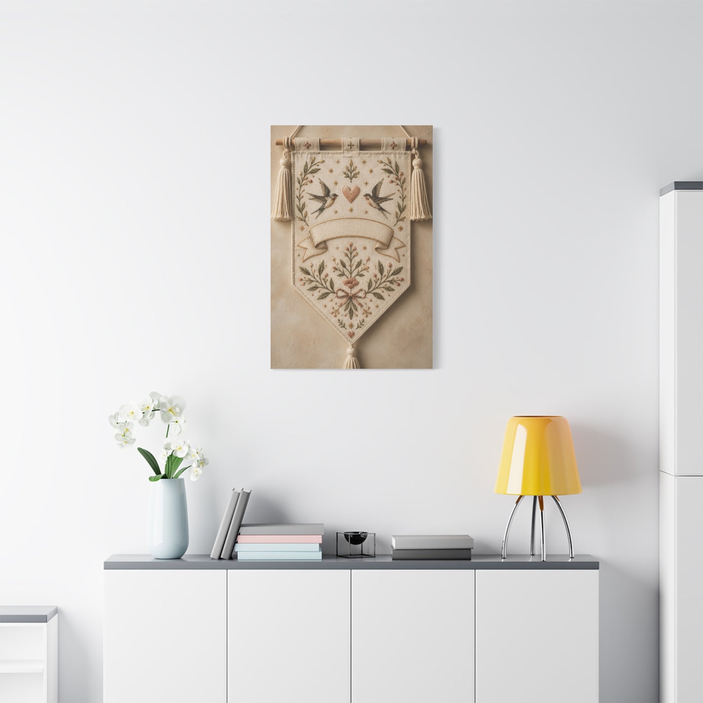 Hand-Embroidered Romantic Birds Textile Wall Art & Canvas Print