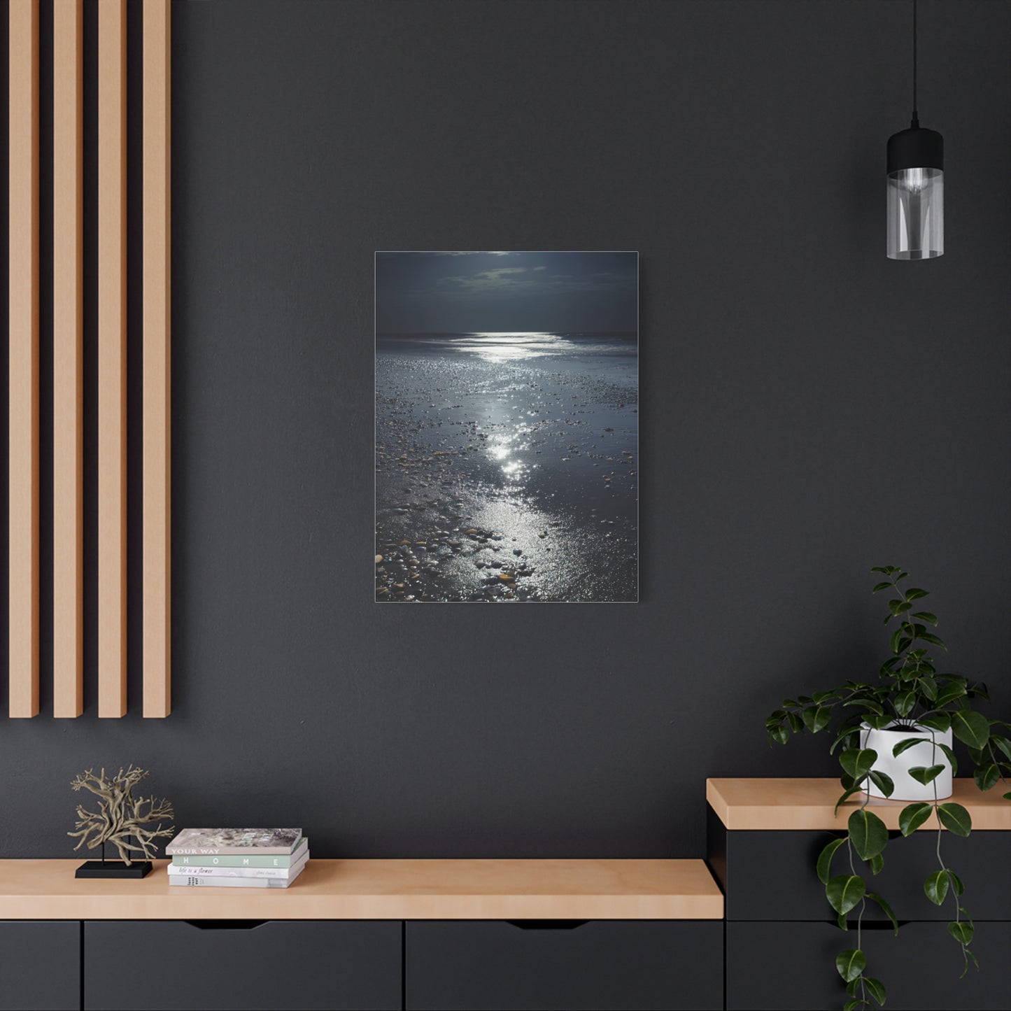Moonlit Beach Reflections with Scattered Seashells Wall Art & Canvas Print