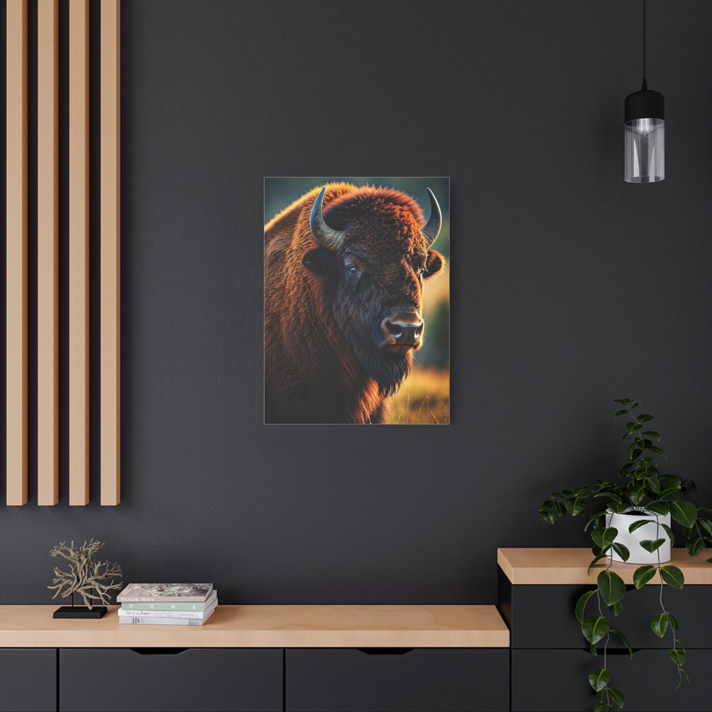 Golden Hour Bison Side Portrait with Warm Prairie Light Wall Art & Canvas Print