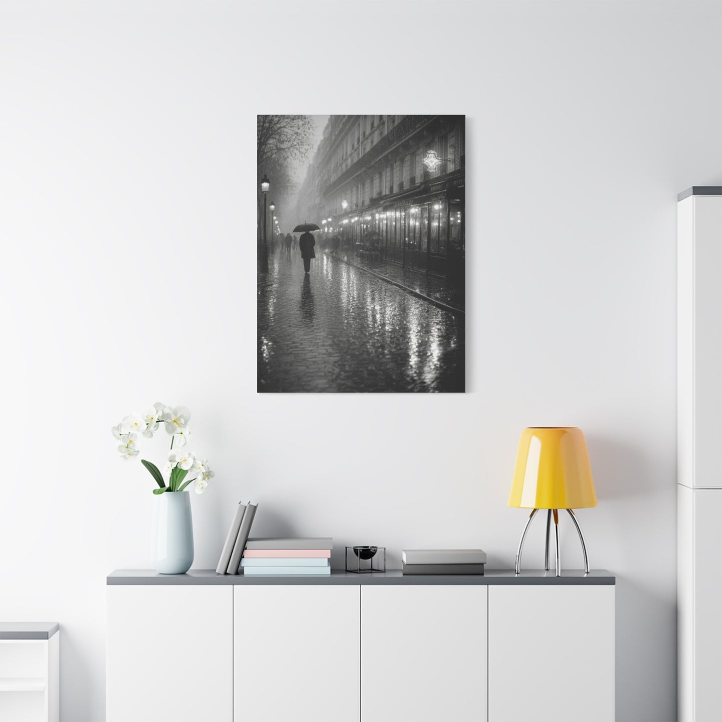 Rainy Paris Street Monochrome Wall Art & Canvas Print