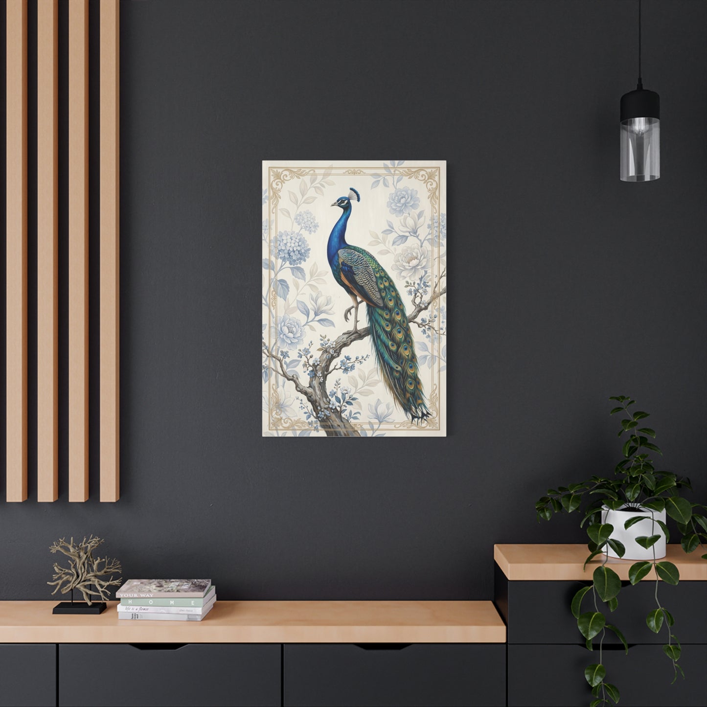 Elegant Blue Botanical Peacock Wall Art & Canvas Print