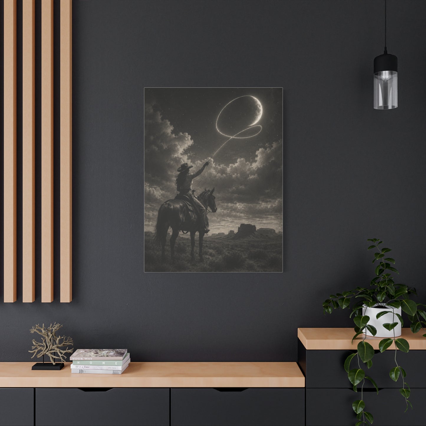 Cowgirl Moon Lasso Silhouette Scene Wall Art & Canvas Print