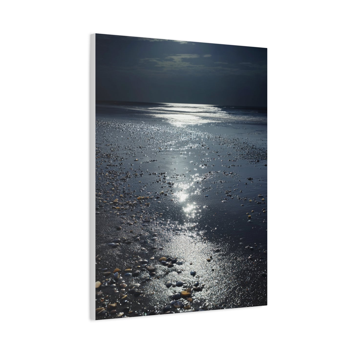 Moonlit Beach Reflections with Scattered Seashells Wall Art & Canvas Print