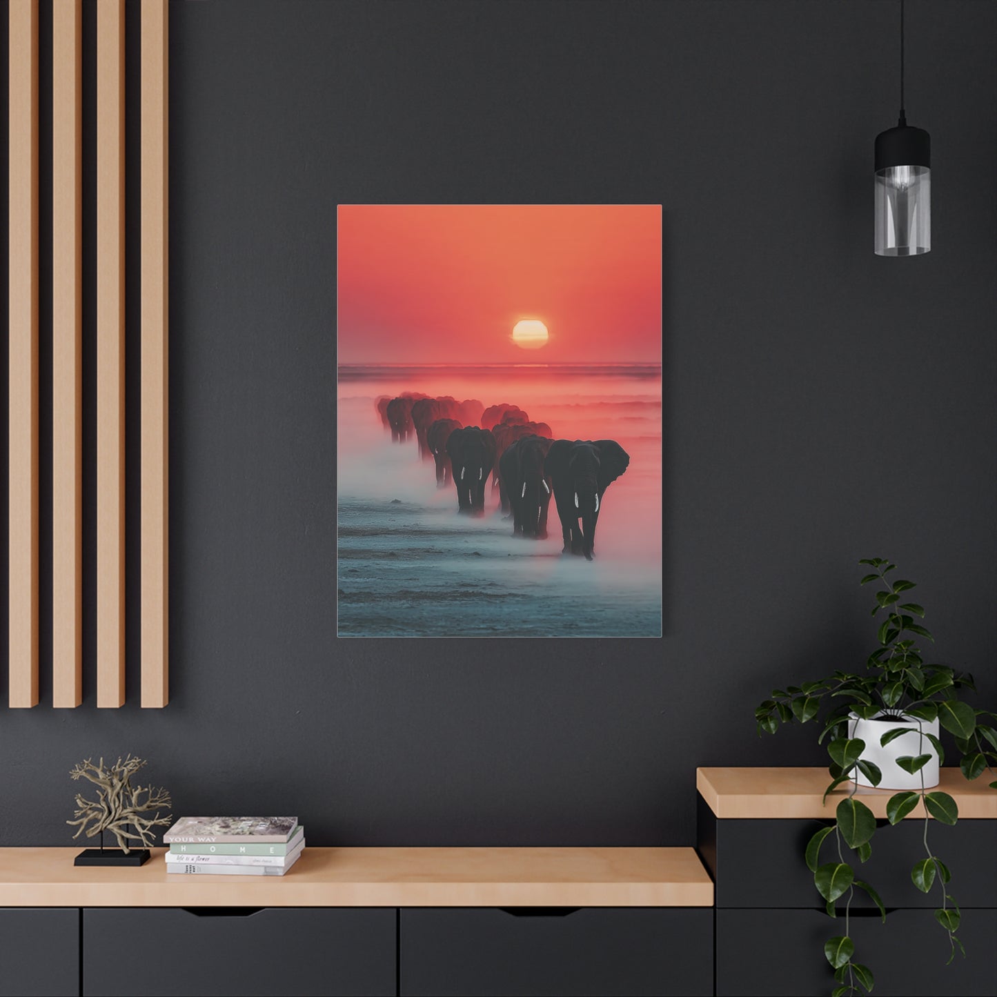Elephant Herd Sunset Journey Wall Art & Canvas Print