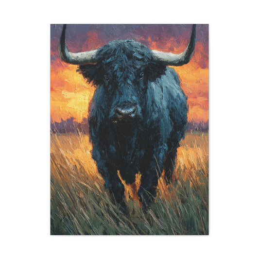 Majestic Bull at Sunset Oil Painting Wall Art & Canvas Print
